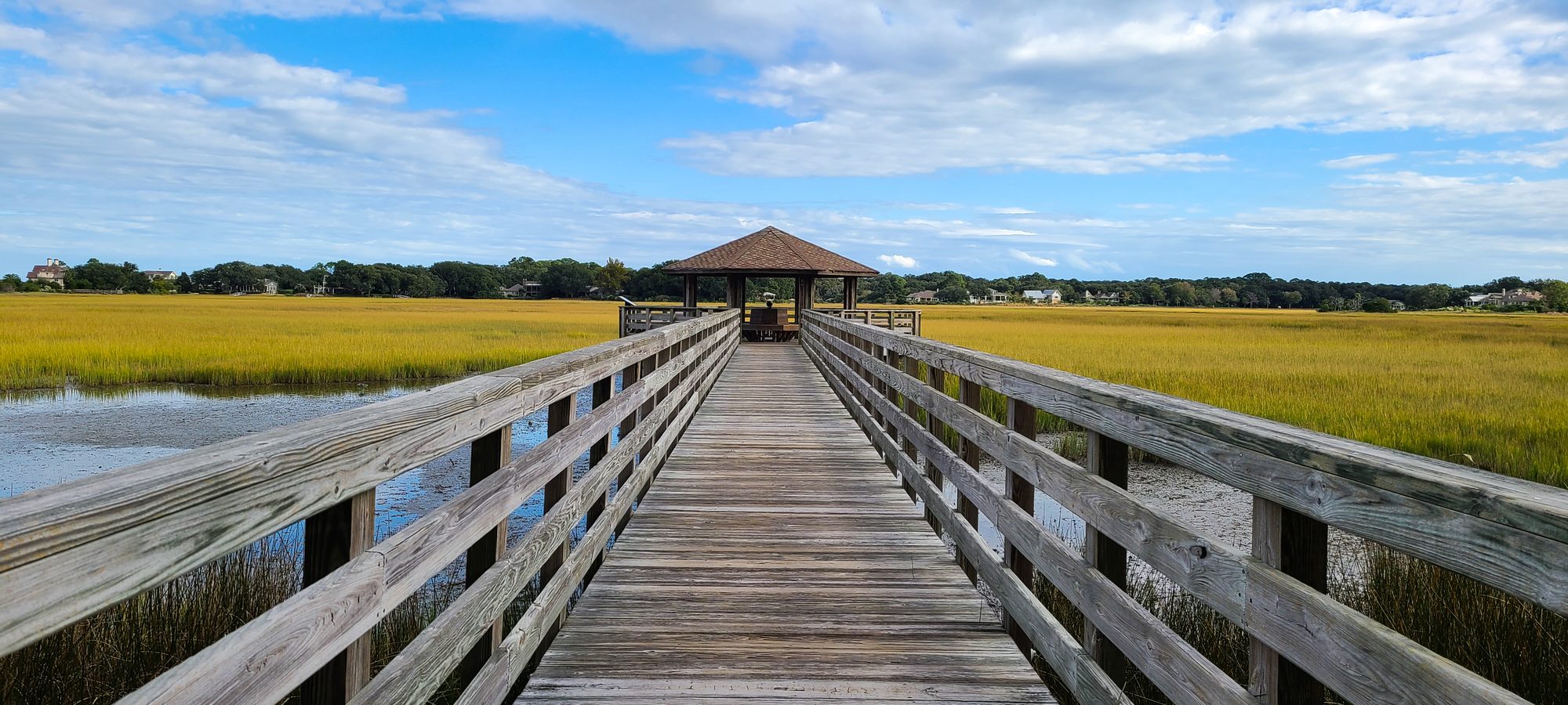 Boardwalk pier overlooking Fish Haul Creek marsh on Hilton Head Island